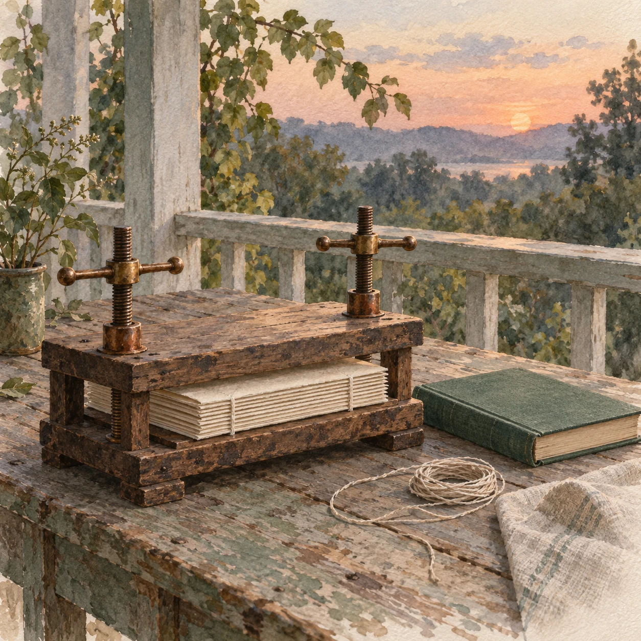 A small bookbinding press and jade book on a porch worktable