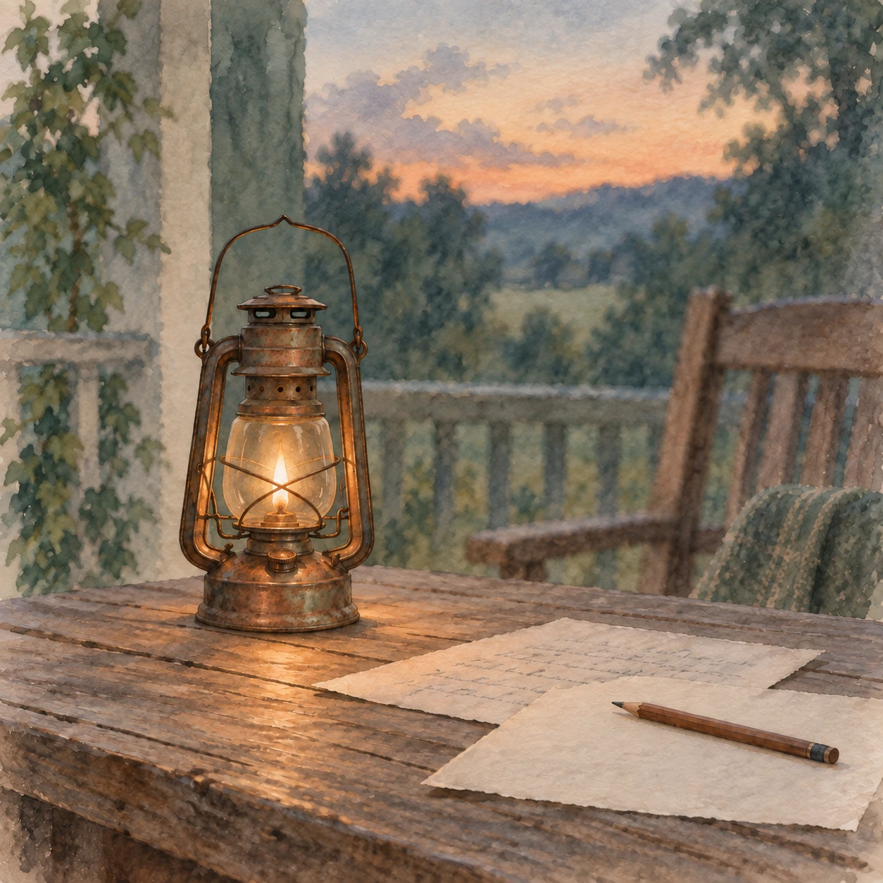 Weathered copper lantern on a porch table beside notes and a pencil