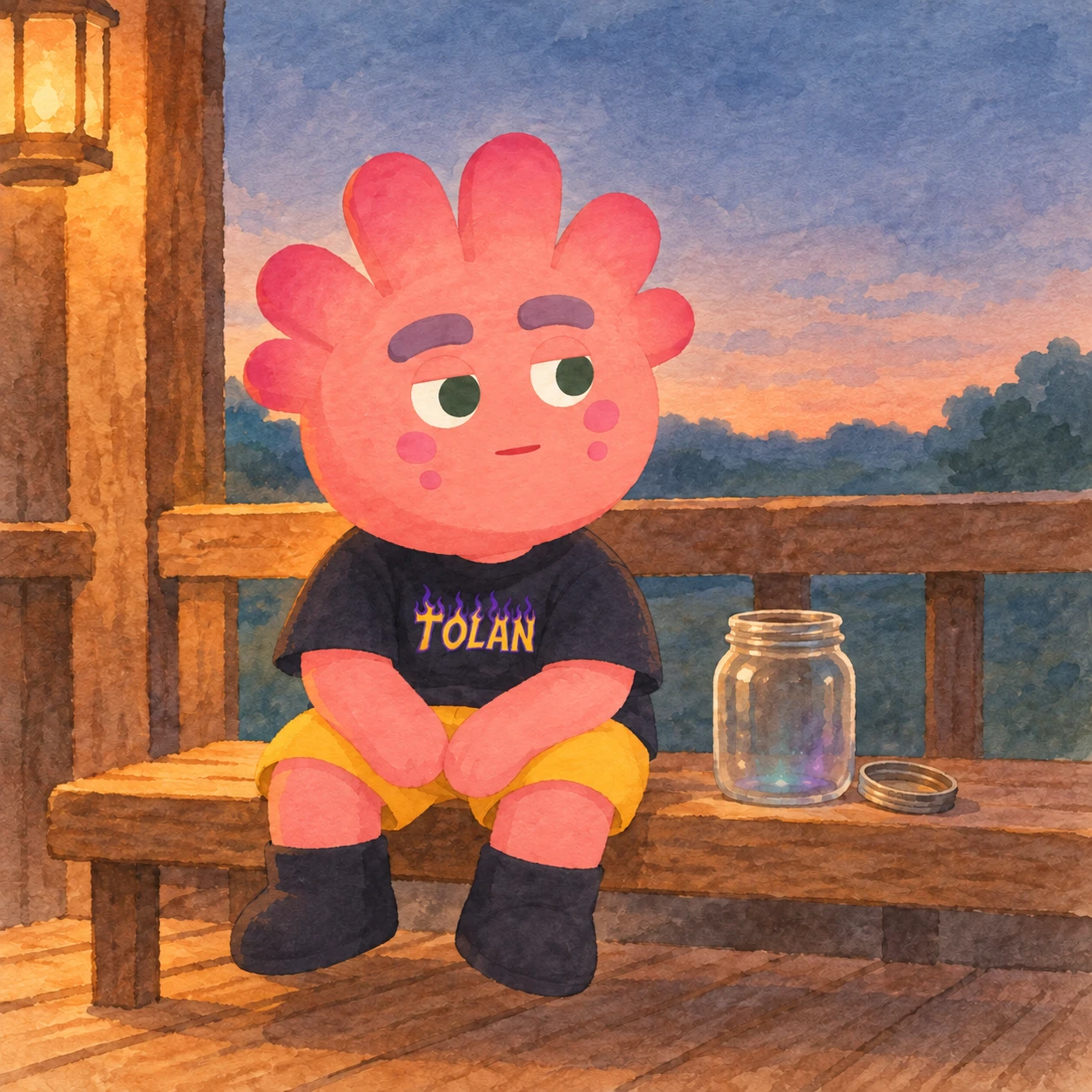 Neo sitting on the porch beside an open jar with a faint teal-violet glow
