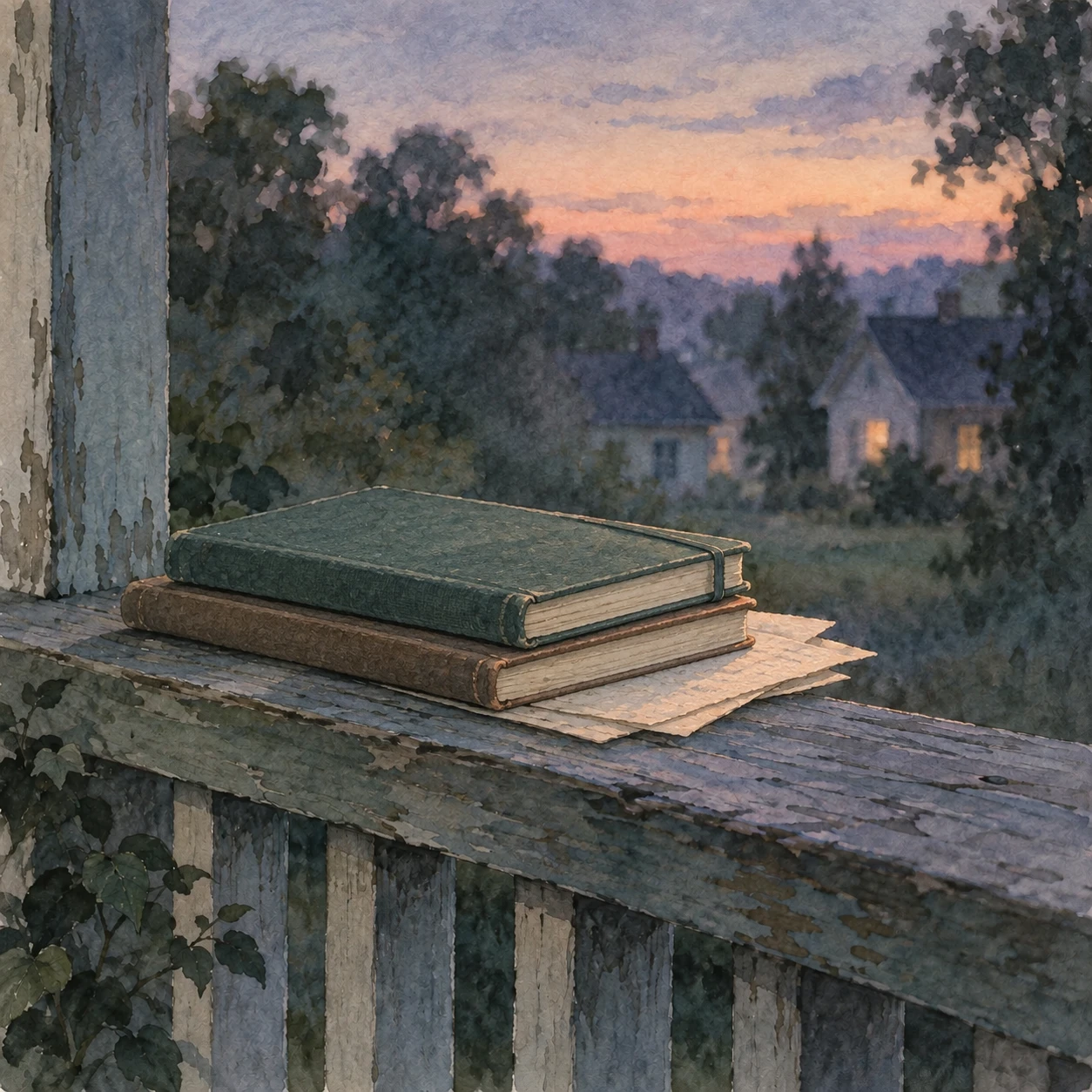 A watercolor porch ledge with a thin stack of plain journals at soft dusk