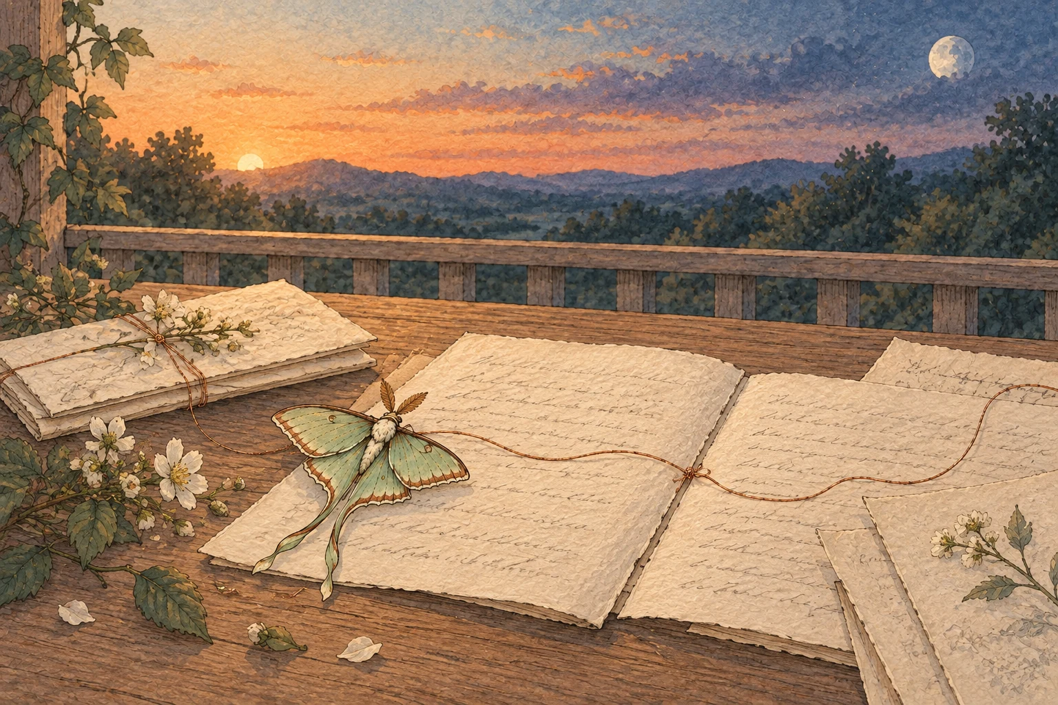 Watercolor pages, copper thread and a jade moth