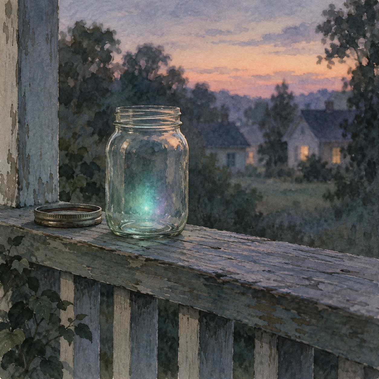 A watercolor porch rail at dusk with an open glass jar and a faint teal glow inside
