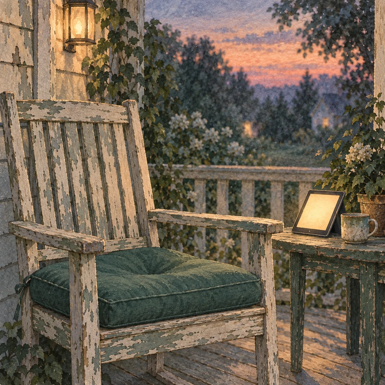 A watercolor porch chair with a faintly lit screen still glowing and an empty hollow seat