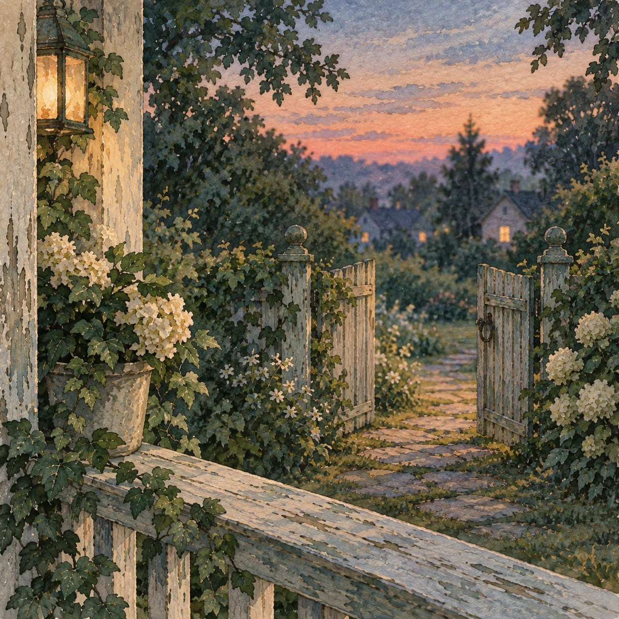 A watercolor porch rail and open path at soft dusk, quiet sense of departure with notice
