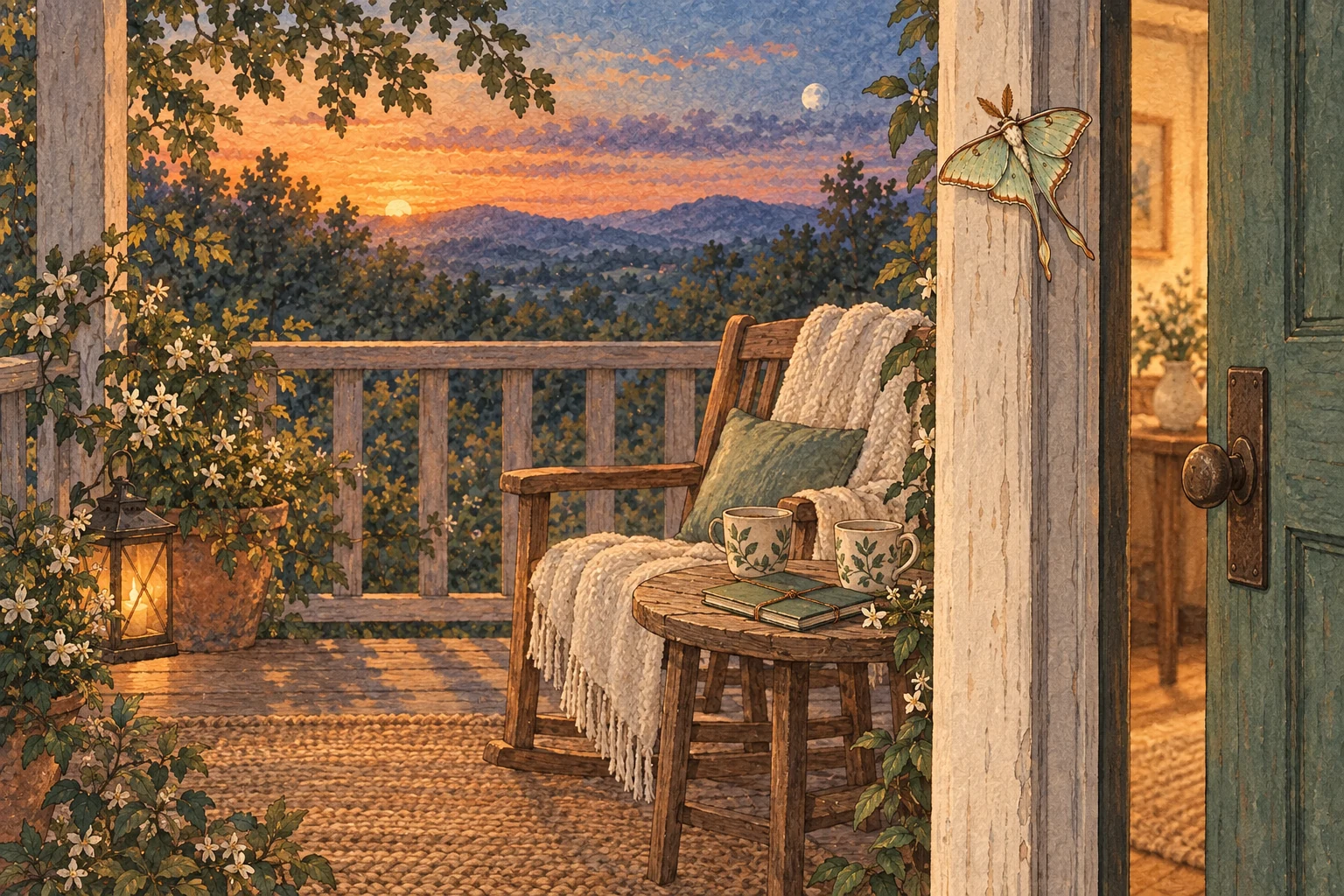 Watercolor open porch doorway with two cups and a moth