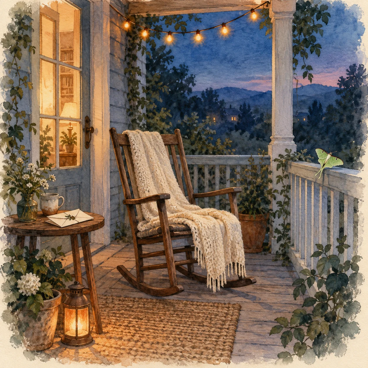 A watercolor porch still warmly lit at dusk