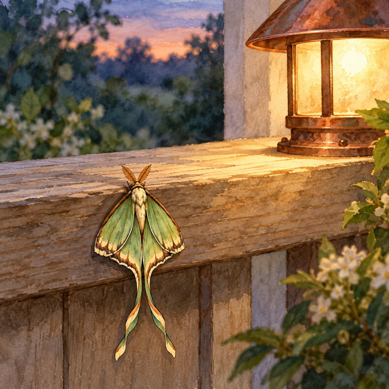 Watercolor luna moth resting on a porch rail beside a softly glowing lamp at dusk