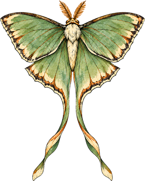 Jade-and-copper luna moth with long flowing tails