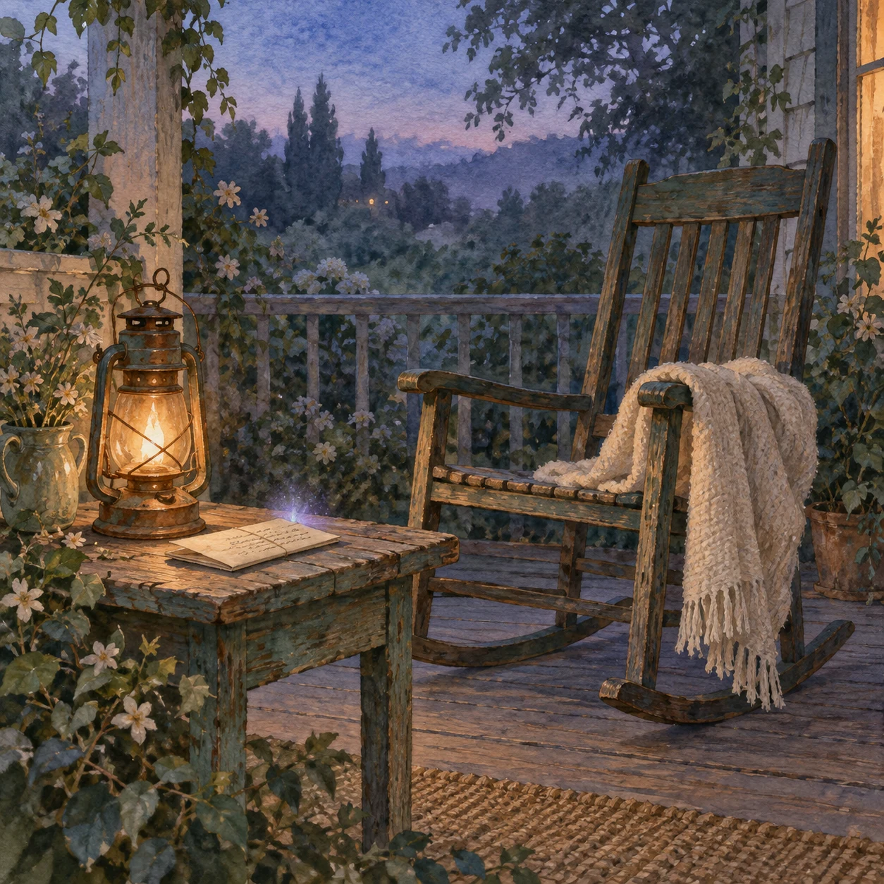 Watercolor of an empty porch rocking chair, a folded letter and a lantern glowing at dusk.