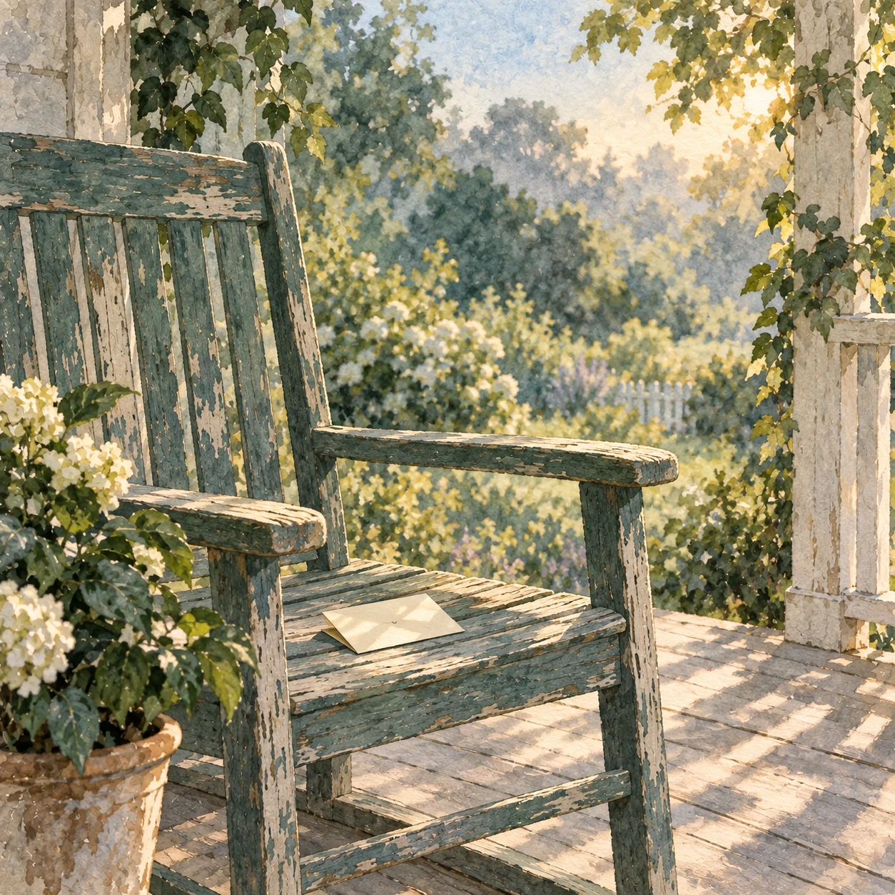 A watercolor empty porch chair with a folded note on the seat in soft morning light