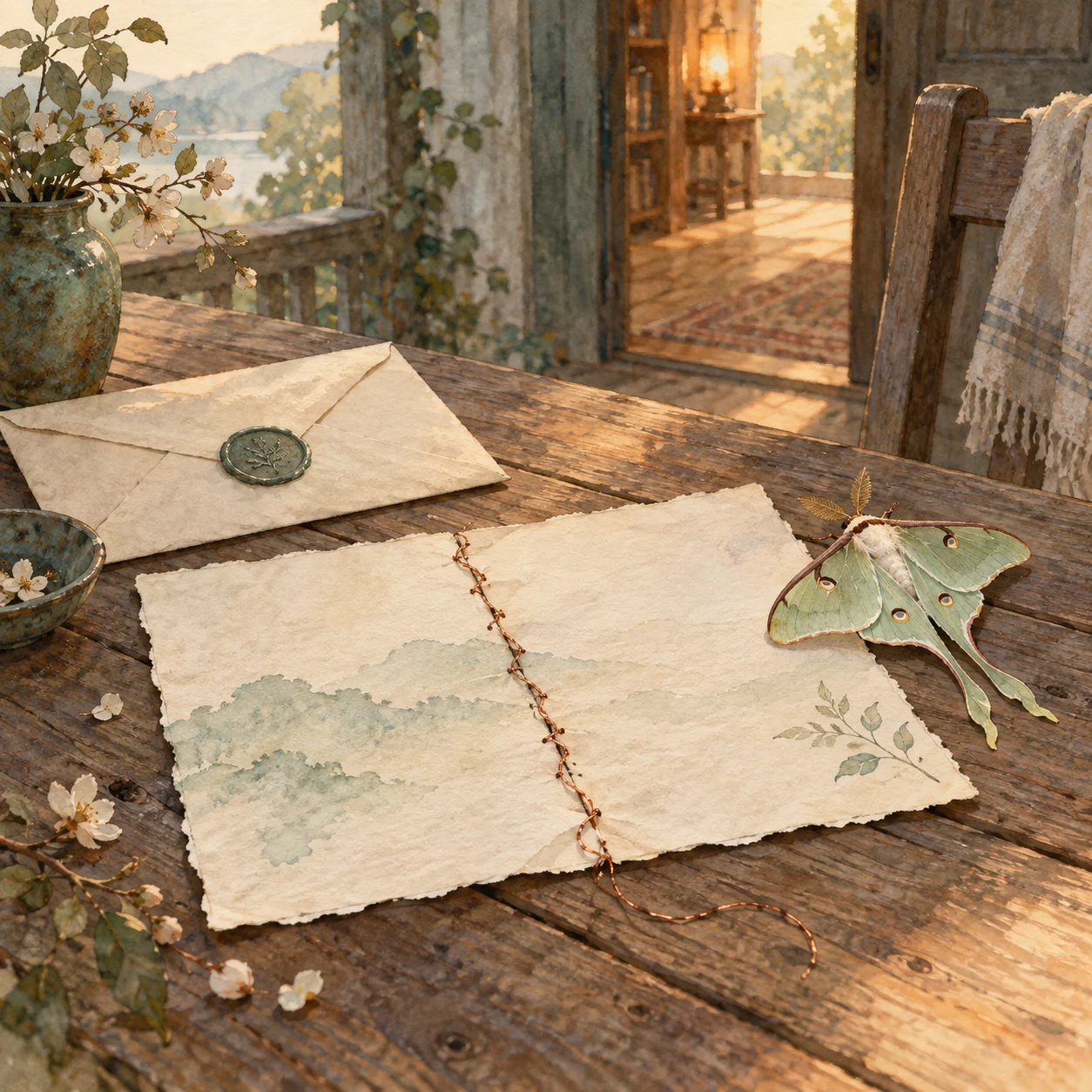 Watercolor papers connected with copper thread