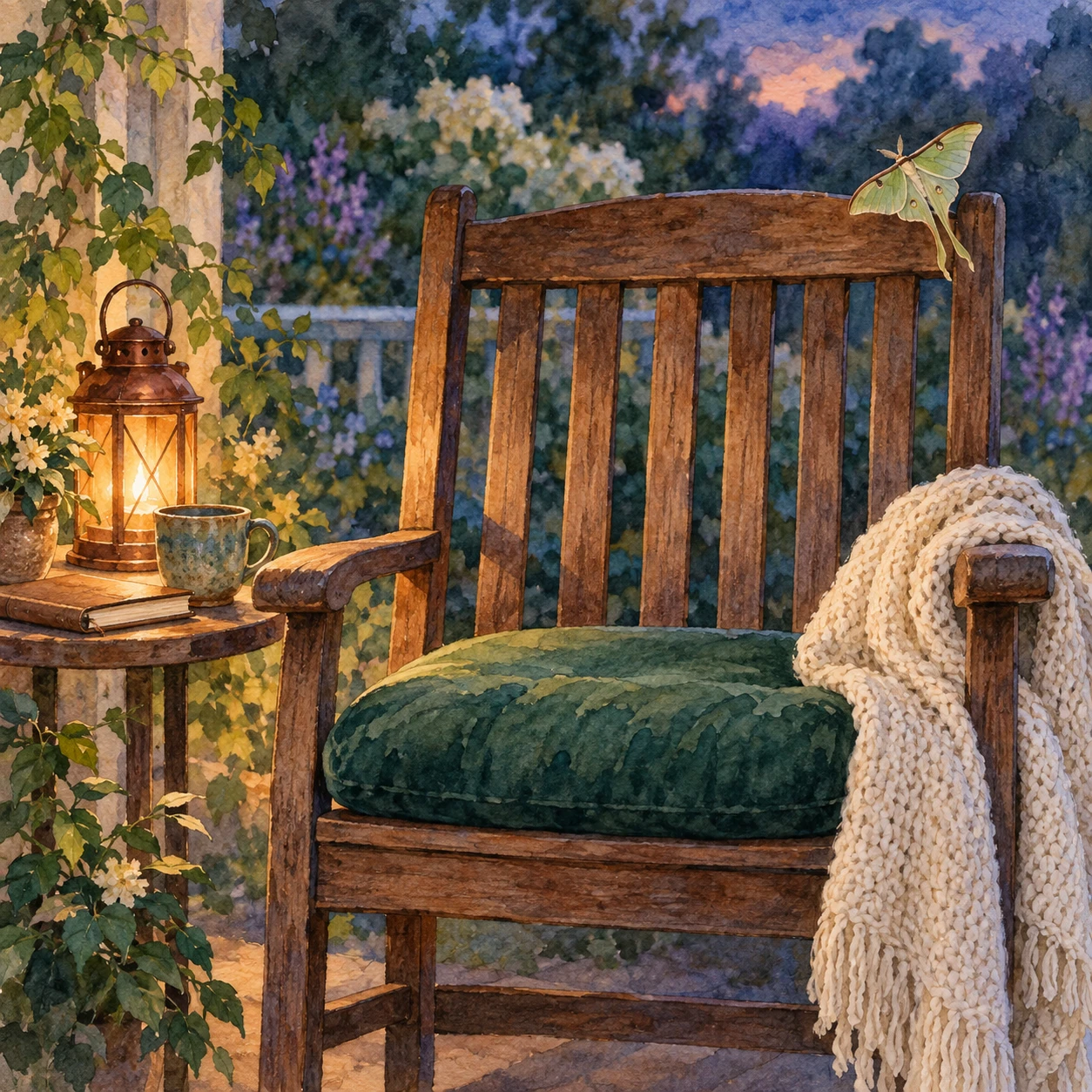 Watercolor of an empty porch chair with a jade cushion, cream blanket and luna moth, beside a glowing copper lantern at dusk
