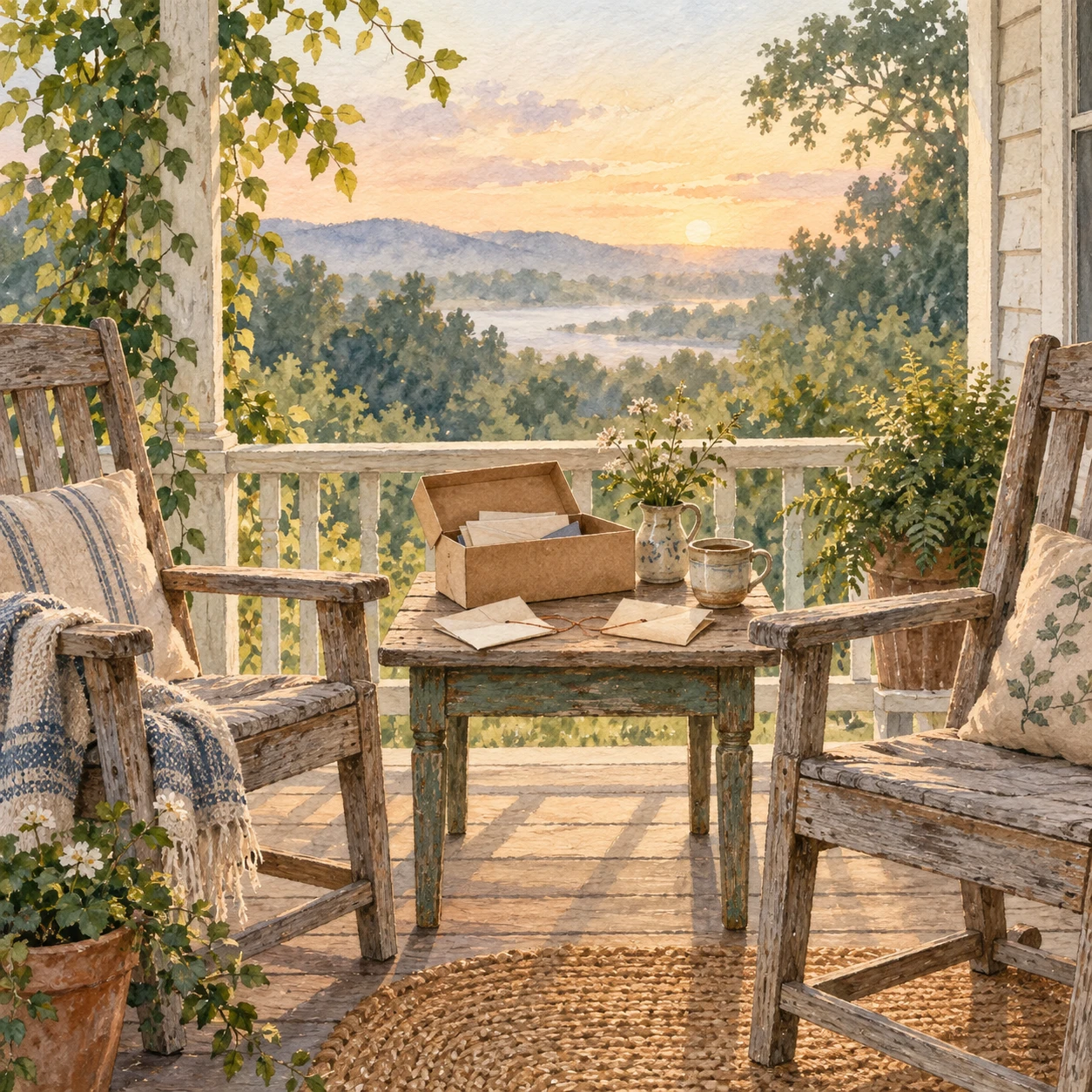 Two porch chairs beside letters and an open shoebox in soft dawn light